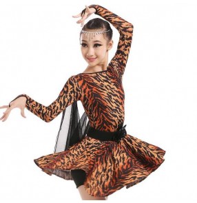 Tiger print long sleeves girls kids children tiger printed sexy fashion stage performance competition latin salsa dance dresses outfits